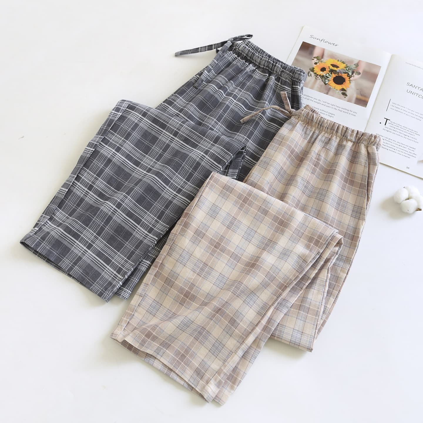 Spring/Autumn New Men's Pants, Plus Size Plaid Men's Sleep Pants, Youth Pure Cotton Home Pants, Middle-Aged and Elderly Brushed Lounge Pants