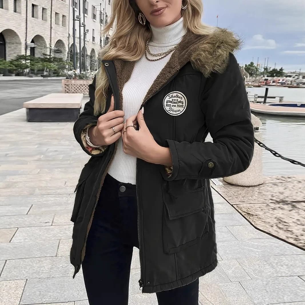 Women's Mid-Length Winter Parka Jacket with Fur Collar, Waist-Tightening, Slimming Casual Coat with Large Pockets