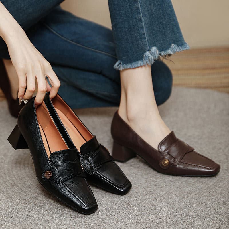 British Style High Heel Leather Shoes 2025 New Spring Autumn Women's Shoes Camellia French Retro Square Toe Chunky Heel Flats