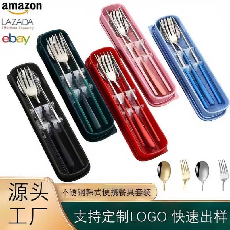 Stainless Steel Portable Cutlery 3-Piece Set Spoon Fork Chopsticks Kit Student Outdoor Korean Style Portable Utensil Set