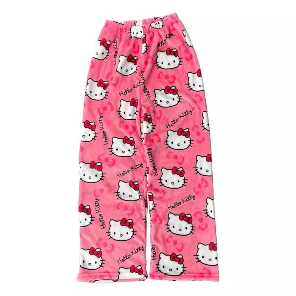 Export Halloween Cartoon Hello Kitty Flannel Pajama Pants for Women, Autumn/Winter Fleece-Lined Warm Casual Home Graffiti Pants