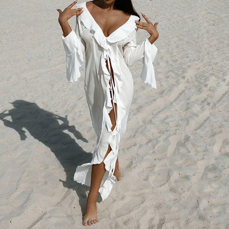European and American style cross-border Amazon hot-selling new sexy vacation seaside long-sleeved lace sunscreen cardigan dress