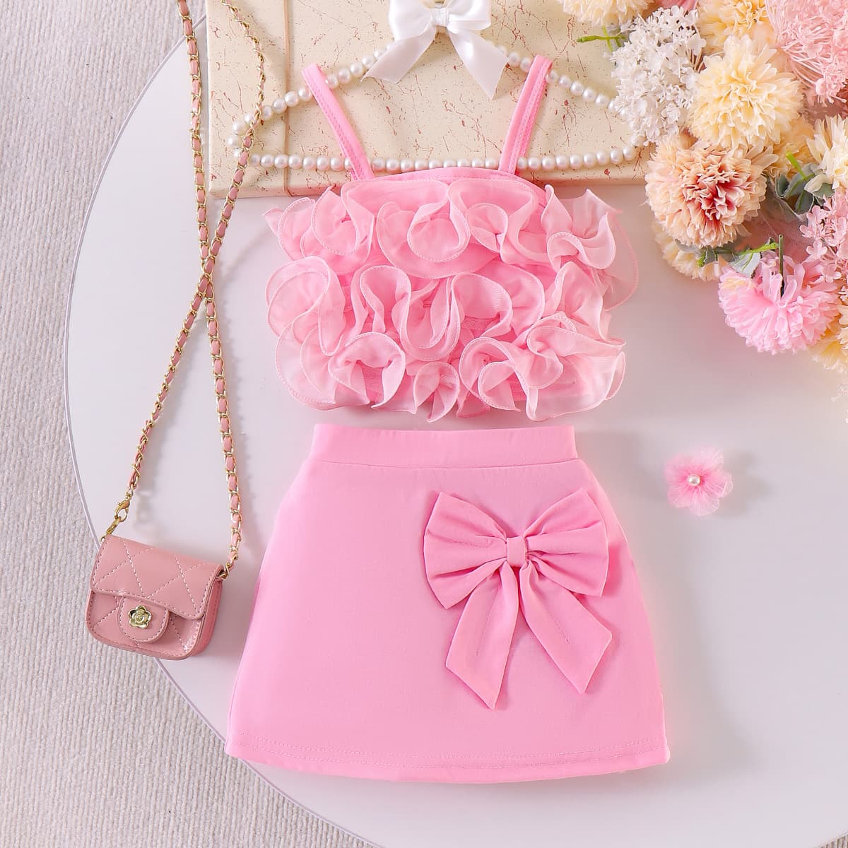 Kids clothing 2026 new cross-border European and American spring and autumn girls pink vest + short skirt baby
