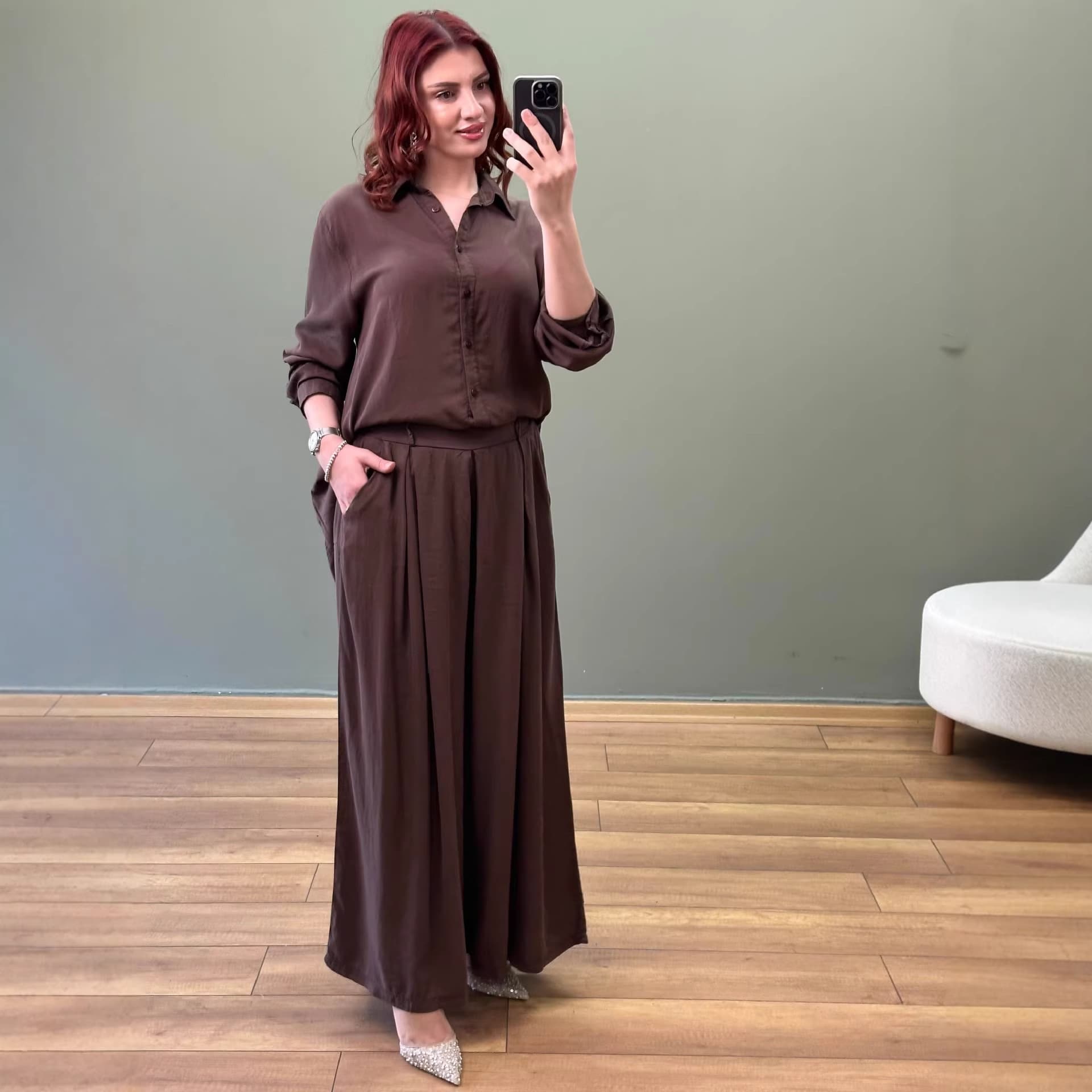 European and American Women's Fashion 2026 New Plus Size Asymmetric Long Sleeve Shirt and Casual Wide Leg Pants Two-Piece Set