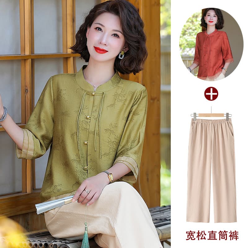2025 New Summer Set for Mothers, Women's Middle-Aged and Elderly, Traditional Chinese Style Top, Elegant Lady Print, New Chinese Style Top