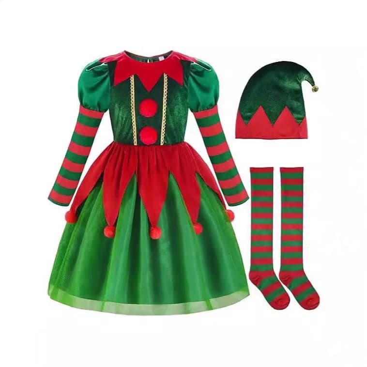 Children's Christmas Costume Girl's Dress Set Unisex Cosplay Adult Green Elf Performance Outfit