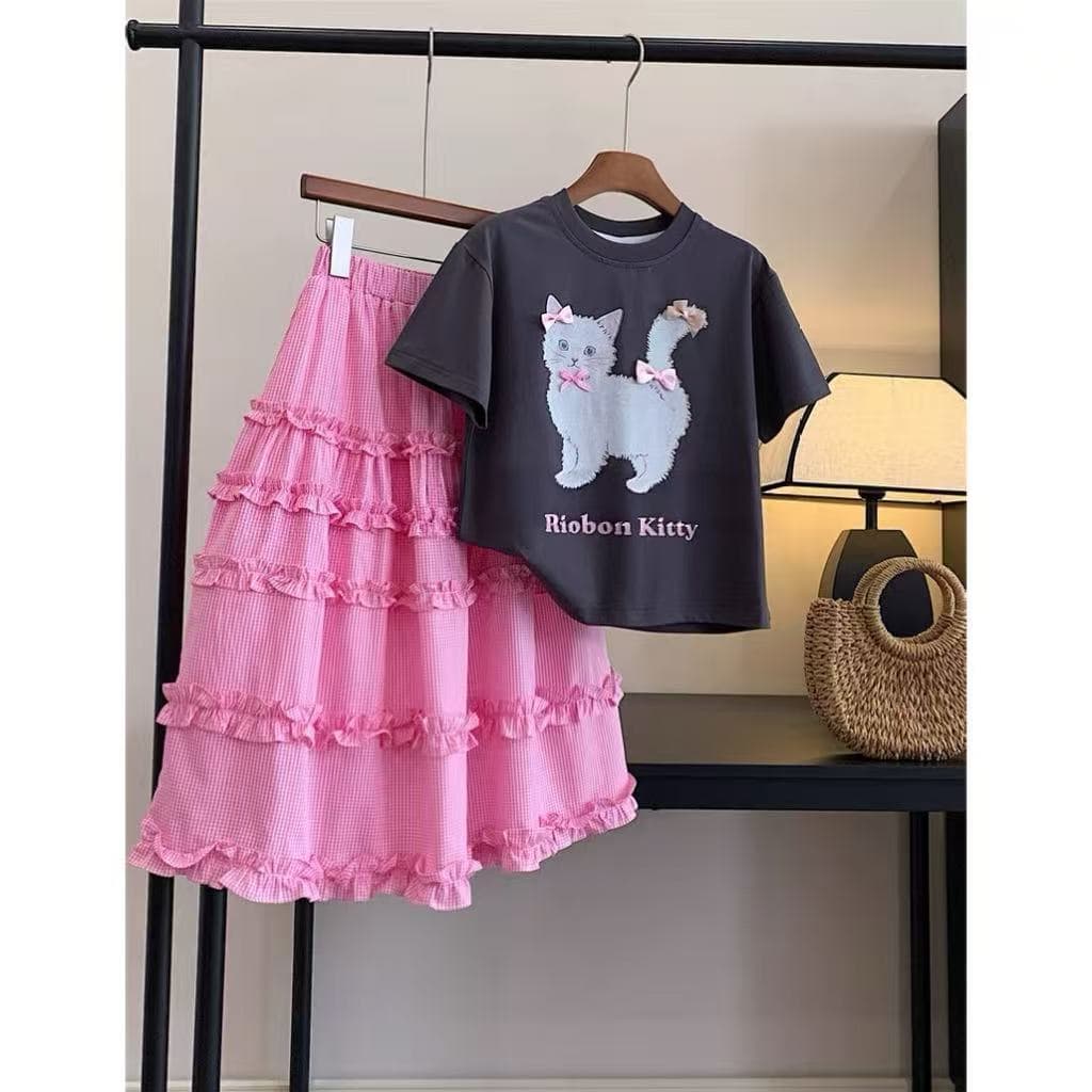 Girls' Outfit Summer 2026 Trendy Sweet Little Girl Summer Clothes Short Sleeve Skirt Children's Two-Piece Set