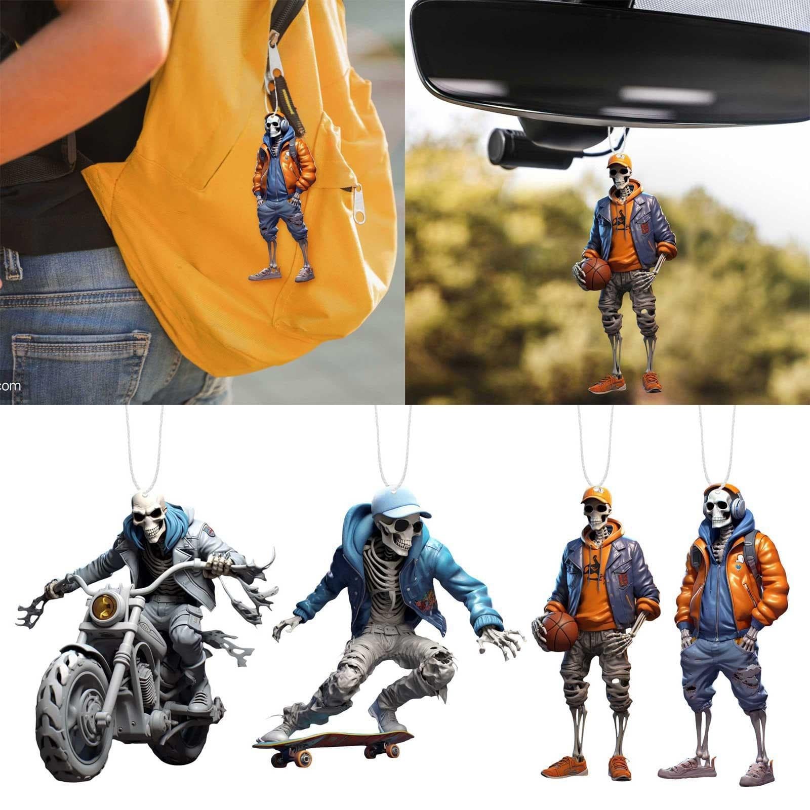 Cross-border new Halloween skull motorcycle man character pendant statue acrylic flat hanging backpack decoration