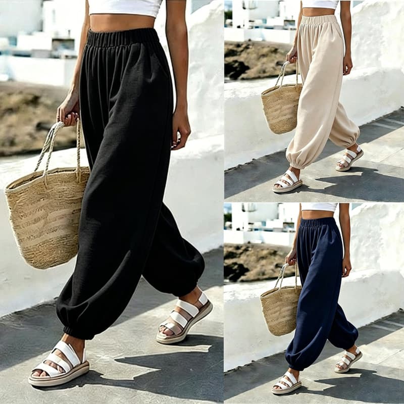 2026 Cross-border Amazon Independent Station Beach Vacation Style High-Waist Pocket Comfortable Harem Pants Women's Long Pants