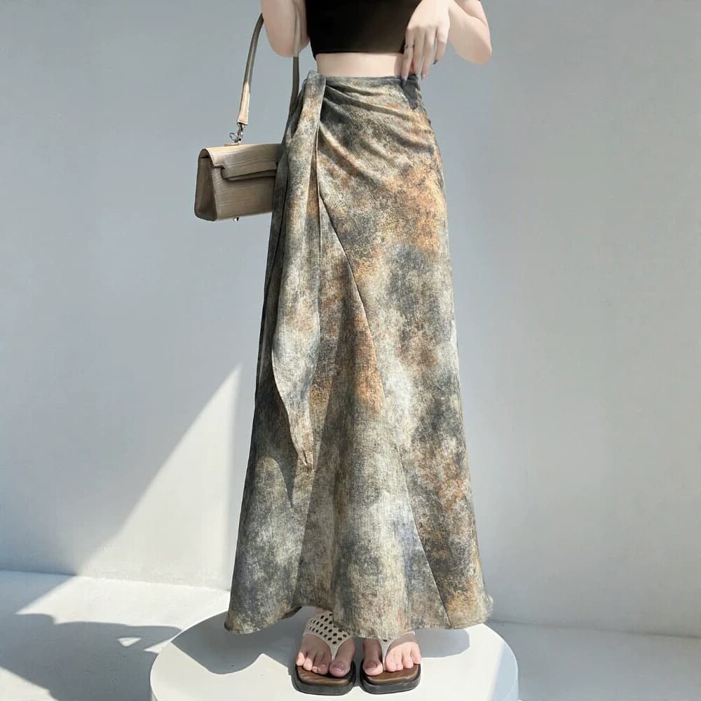 Vintage Ombre A-Line Skirt Women's 2026 Summer New Tie Waist Wrap Skirt Slim Fit Long Skirt A13027