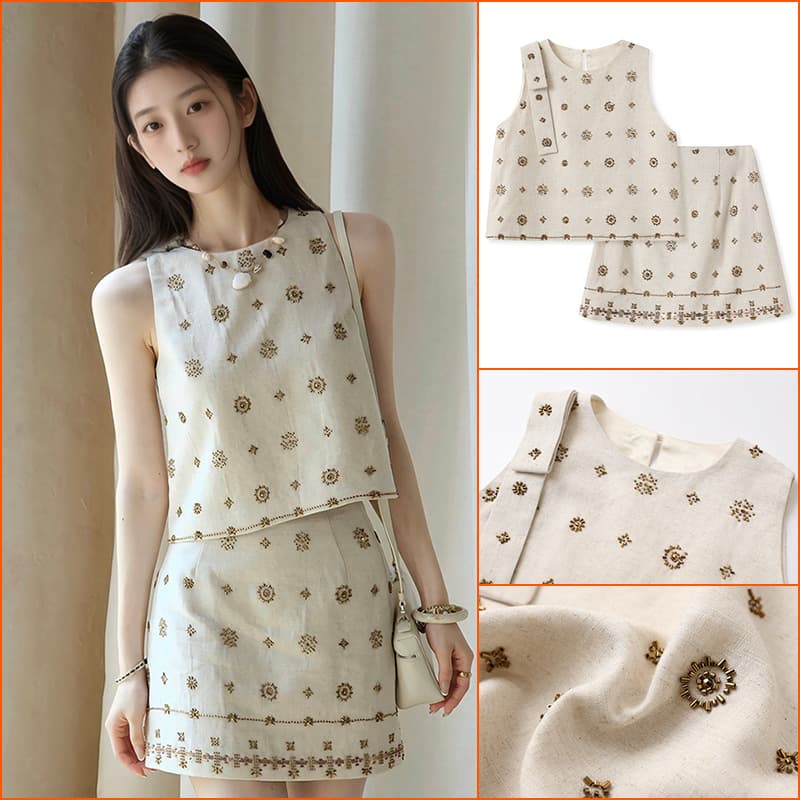 [Dry Clean Required] Qianjin Style Women's Summer French Beaded Sleeveless Vest & Skirt Set ZX Style N4050