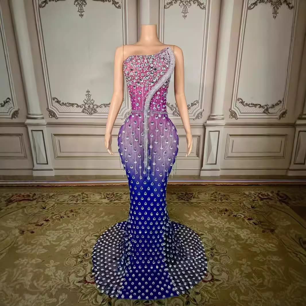 Fall New Arrival Blue-Purple Gradient Mesh Breathable Snake-Shaped Evening Dress for Studio, Exhibition, Banquet, Host Performance