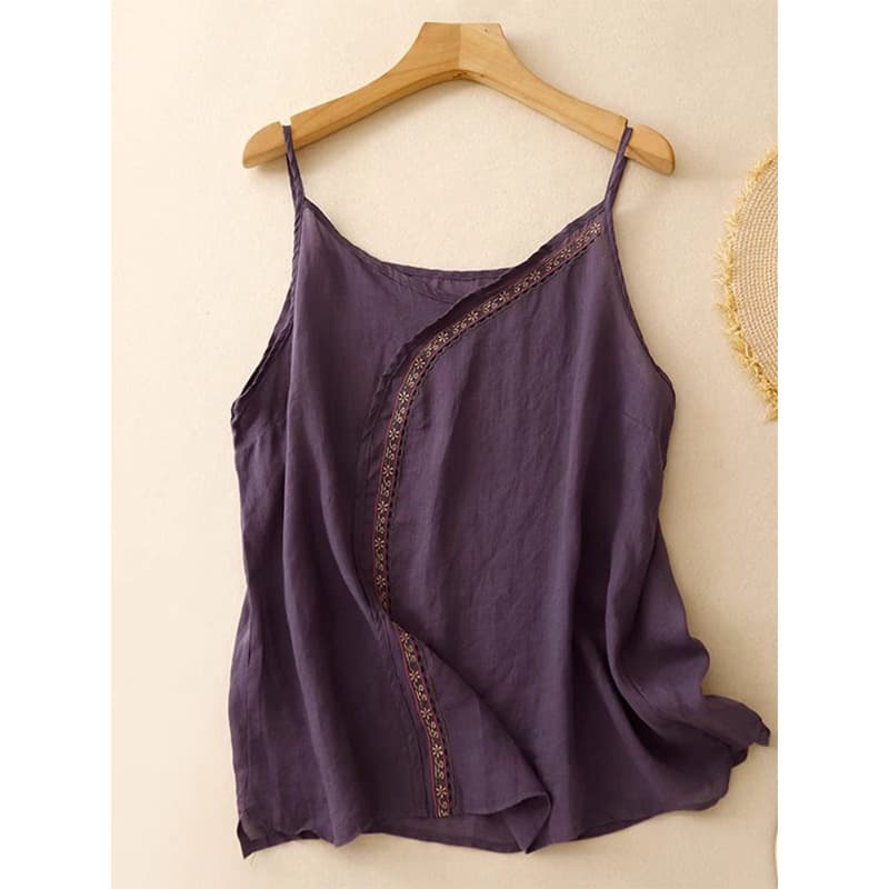 Purple Floral Embroidered Cotton Linen Camisole Vest Summer New Literary Retro Style Sleeveless Top Women's Clothing