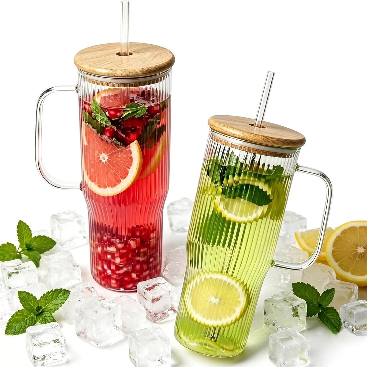 Custom Glass Straw Cup, Vertical Grain High Appearance Glass Cup, Home Juice Cold Drink Cup, Large Capacity Iced Coffee Cup