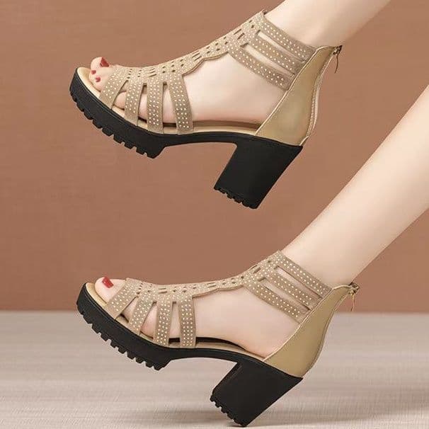 Women's Chunky Heel Sandals 2025 New Style Roman Style Mother Rhinestone Peep Toe Mid-Heel Women's Soft Sole Open Toe Youthful Middle-Aged Sandals