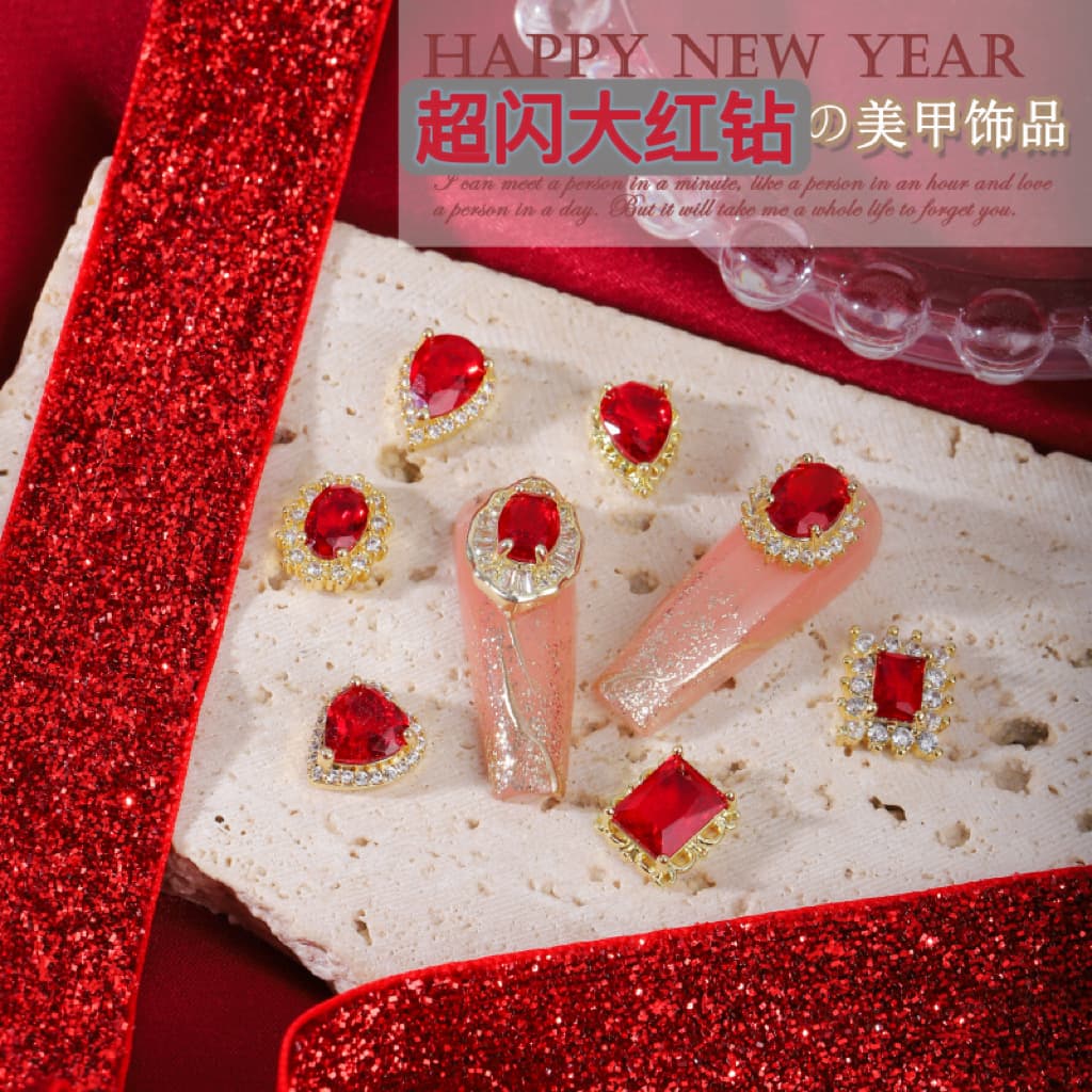 New Year Red Nail Art Rhinestones Palace Red Zircon Super Sparkling Crystal Pigeon Egg Teardrop Heart Nail Charms