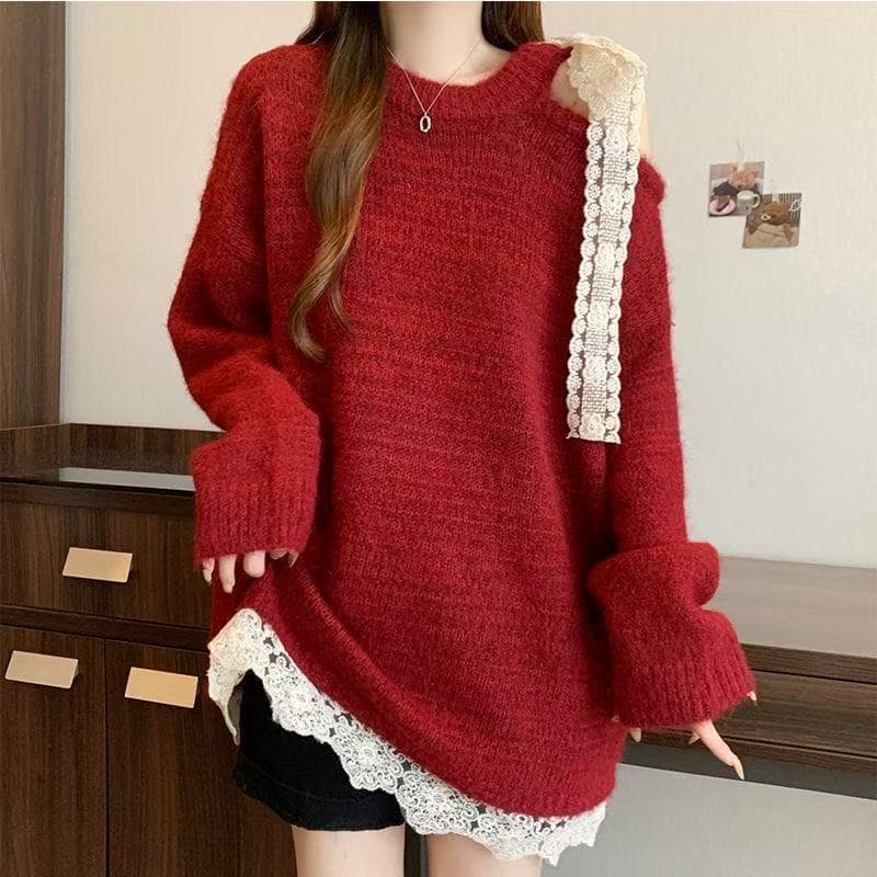 Korean-style Lace Bow Off-shoulder Sweater for Women, New Autumn/Winter Gentle Loose Knit Top