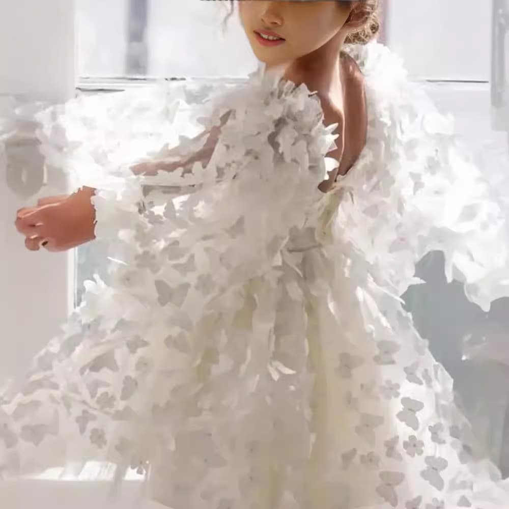 Princess Style Bubble Sleeve Dress with 3D Butterfly Design Mesh Material Backless Performance Costume for Children