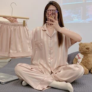 Women's Ice Silk Pajama Three-Piece Set 2026 New Summer Striped Short Sleeve Thin Loungewear Plus Size