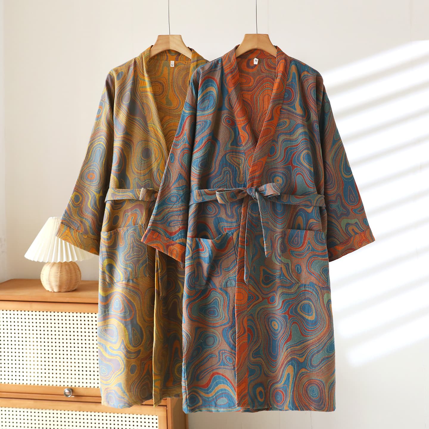 Women's Pure Cotton Double-Layer Gauze Jacquard Bathrobe, Spring and Autumn Thin Japanese-Style Kimono Sleepwear, Absorbent Bathrobe, Sauna Wear