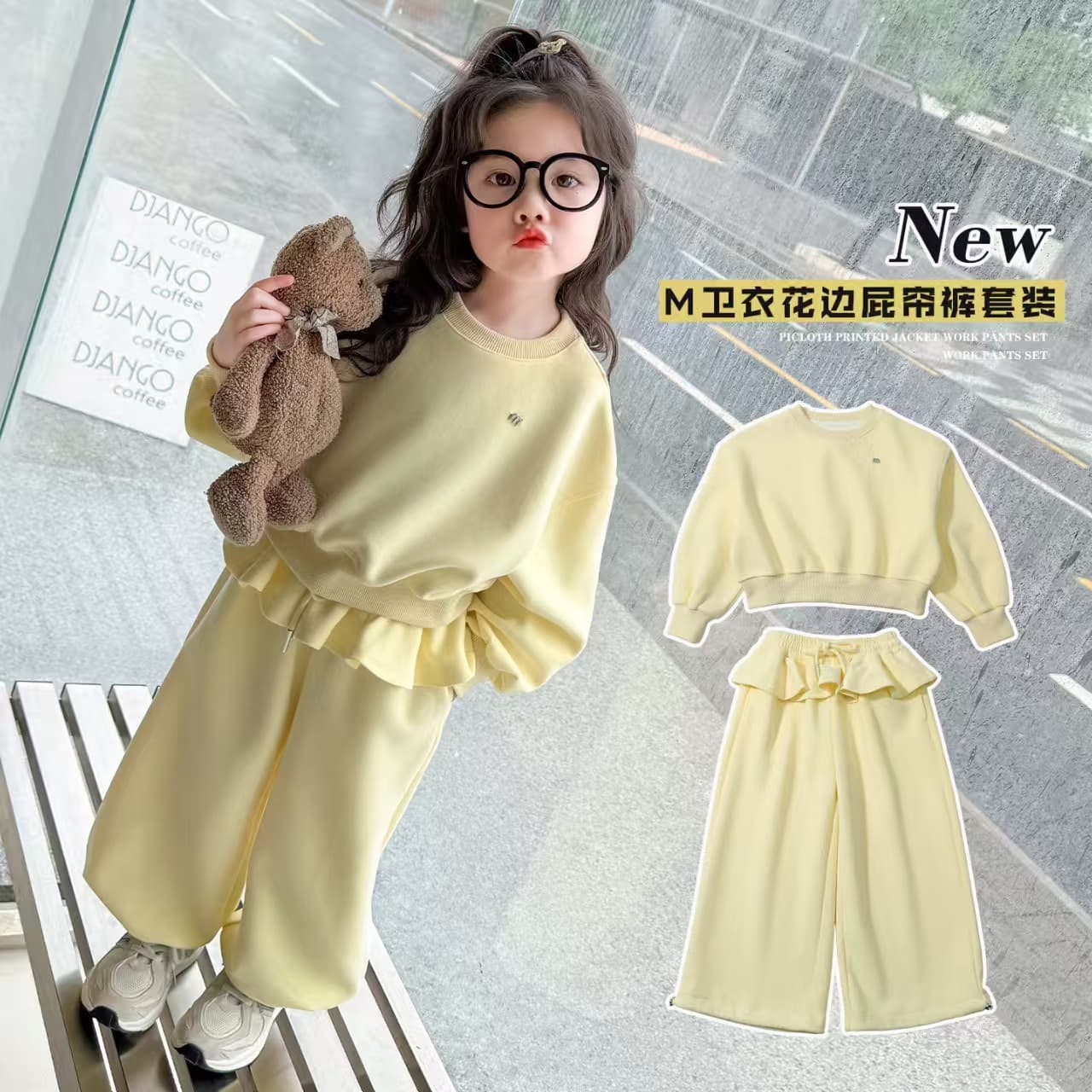 [48-Hour Dispatch] Girls' Pants Spring/Autumn New Arrival, Fashionable and Stylish Ruffle Hem Casual Set for Older Children