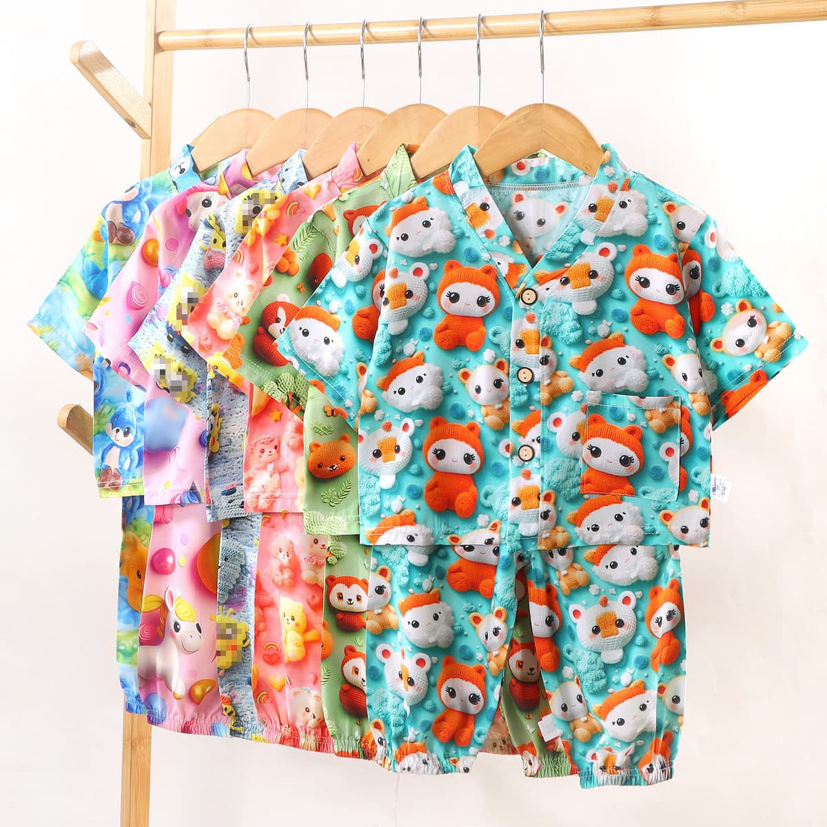 Children's Home Clothes Cotton Silk Suit Summer Boys and Girls Pajamas Artificial Cotton Two-Piece Set Cotton Silk Air-Conditioned Clothes Kidsren's Clothing