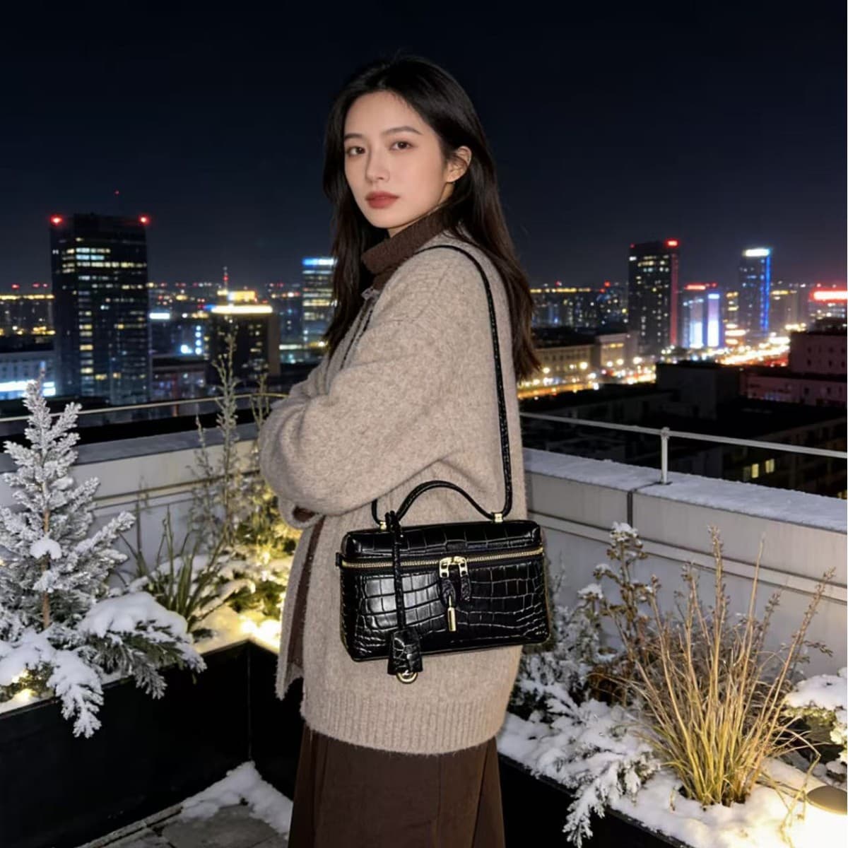2026 New Genuine Leather 19 Lunch Box Bag Crocodile Pattern Bag 27 Stone Pattern High-End Women's Handbag Shoulder Bag
