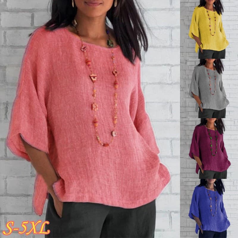 2023 Wish eBay Amazon new foreign trade women's wear three-quarter sleeve round neck linen cotton shirt top, in stock.