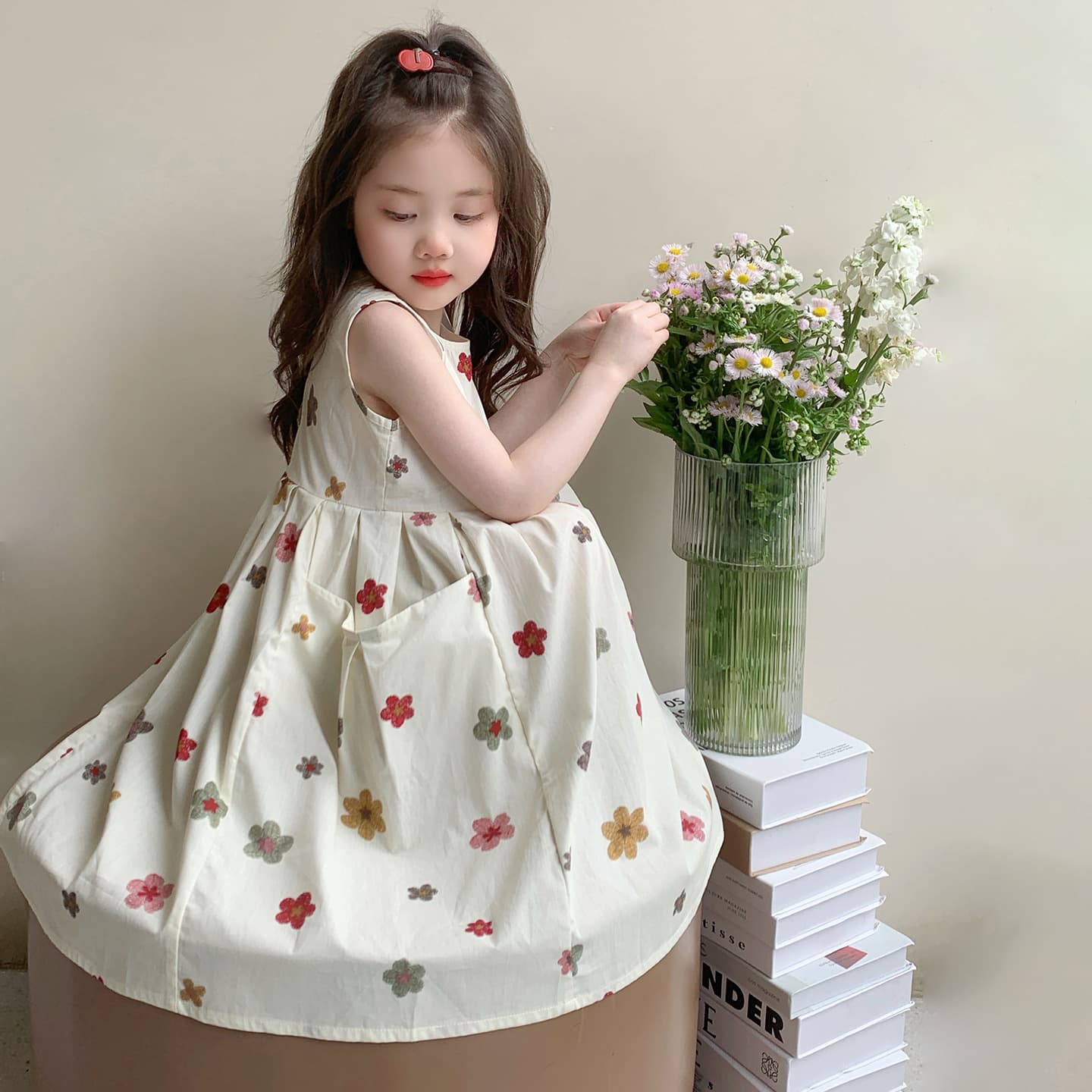 Girls 2026 Summer New Style Pastoral Pocket Cotton Dress Korean Fashion Campus Dress Children Beach Dress