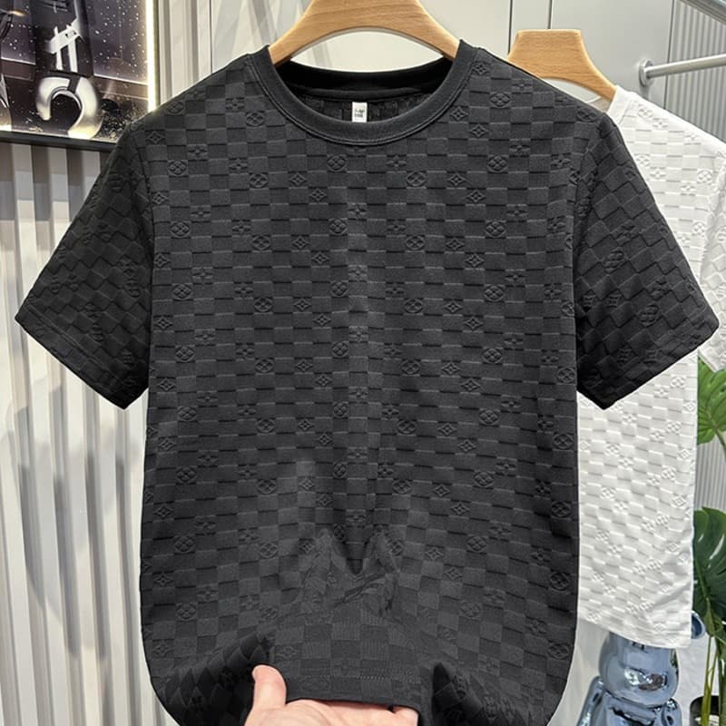 Export Cut Label Premium European Grid Pattern Short Sleeve Shirt Men Light Luxury Casual Round Neck T-Shirt Summer