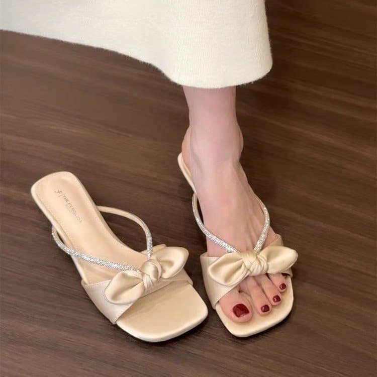 Chunky Heel Gentle Square Toe Butterfly Knot Summer Slide Sandals with Strap New Rhinestone Sweet Versatile 2026 for Women