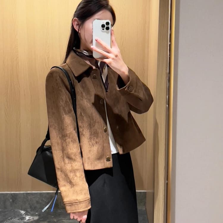 Retro imitation suede short coat for women autumn 2026 new fashion single breasted loose brown jacket top