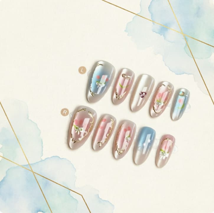 Sweet Style 3D Carved Short Almond Sweet Floral Relief Premium Light Luxury Cat Eye Press On Nails