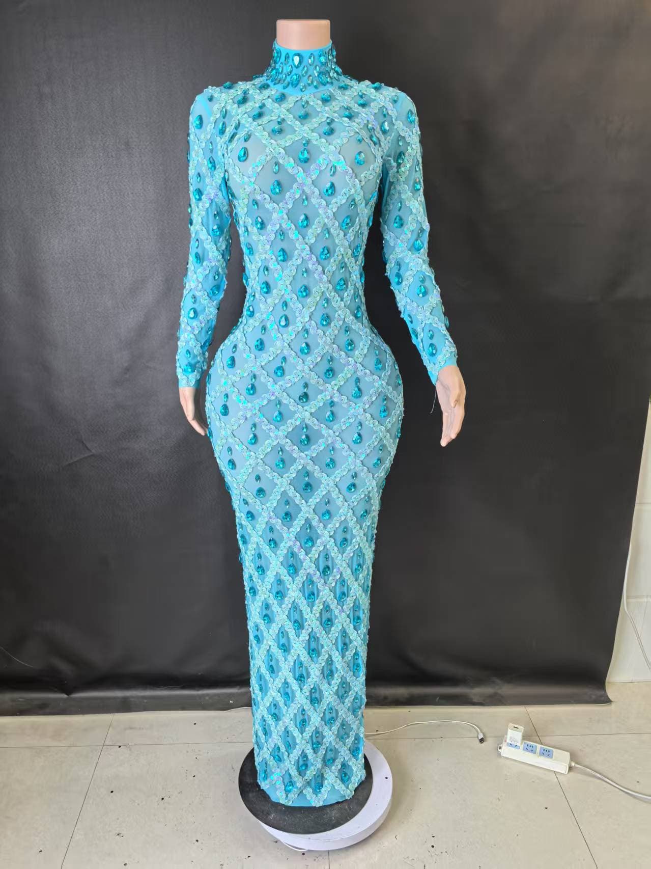 In Stock Sparkling Rhinestone High Neck Sleeveless Sexy Mesh See-Through Grid Evening Party Dress Hollow Out Nightclub