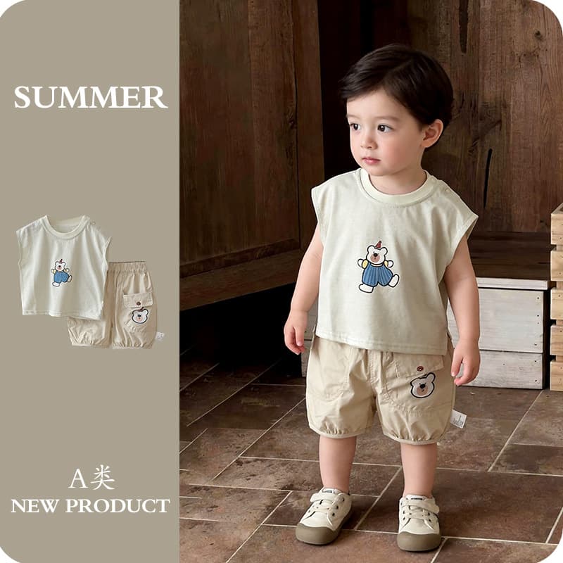 Infant and toddler summer split two-piece set for baby boy, sleeveless shorts, casual two-piece set, super cute circus bear split set