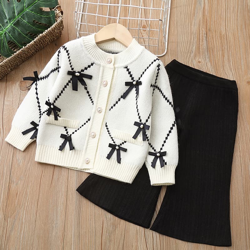 Girls Knit Sweater Set Children Knit Two Piece 2022 New Baby Bow 1-8 Years Cardigan Set