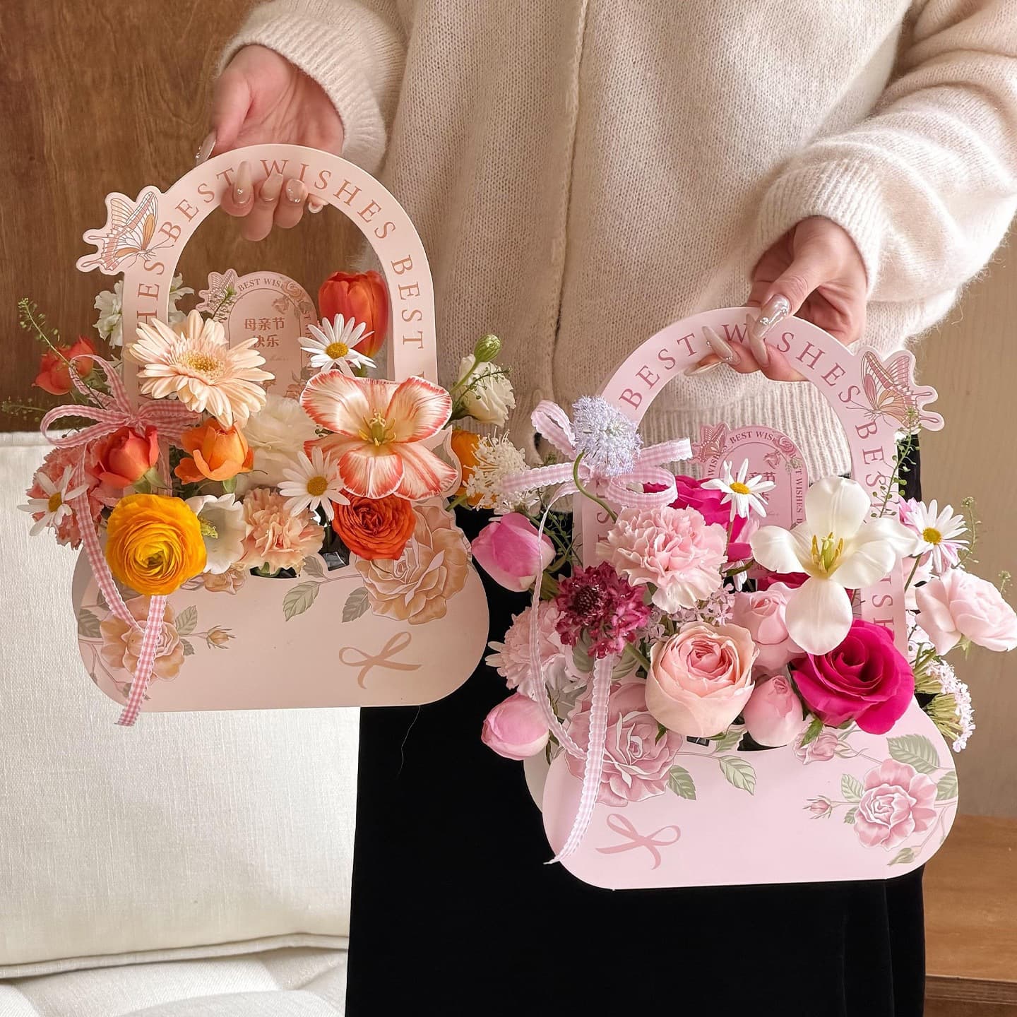 Portable Mother's Day Teacher's Day Butterfly-Theme Flower Basket Flower Box Birthday Carnation Bouquet Flower Arrangement DIY Creative Packaging