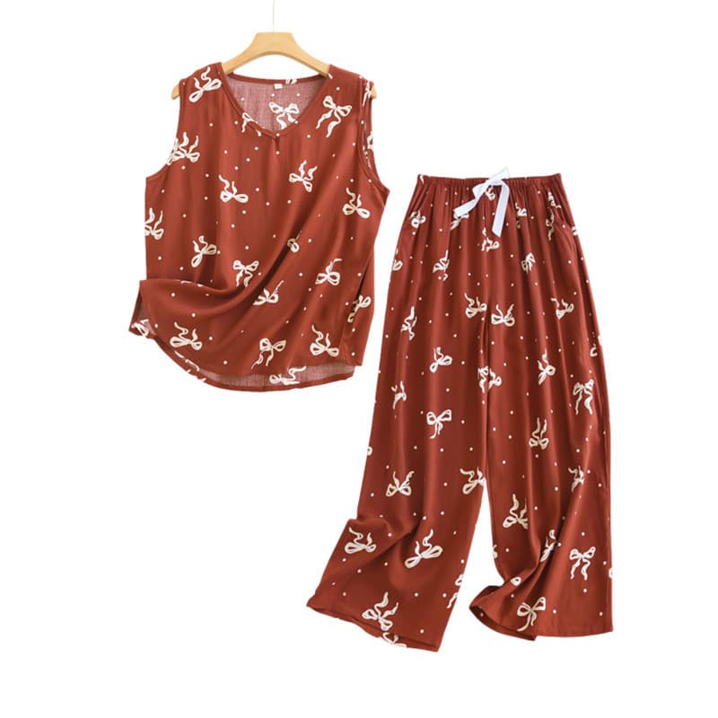 Summer Silk Cotton Pajama Set for Women, Silky Cool Rayon Vest with Wide-Leg Cropped Pants, Comfortable Loungewear