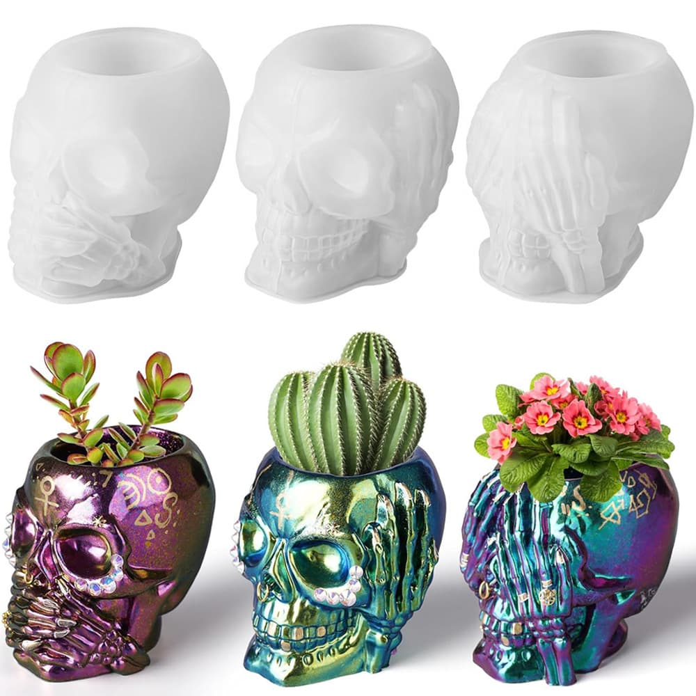Halloween See No Evil, Hear No Evil, Speak No Evil Skull Flower Pot Silicone Mold Epoxy Resin DIY Pen Holder Storage Box DIY