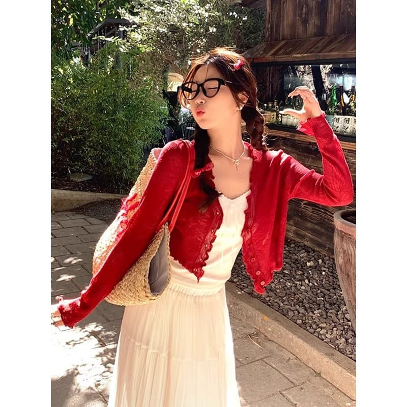 Red Cardigan with Ruffled Edges and Camisole Sun Protection Cover-Up for Women, Summer Thin Outerwear with Sheer Ice Silk Shawl Top
