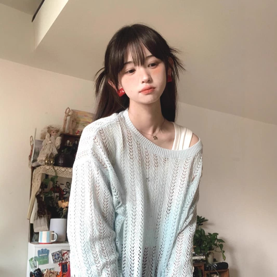 Baby Blue Soft Knit Long-Sleeve Sun Protection Top for Women, Summer Thin Loose Style Hollow Mesh Blouse