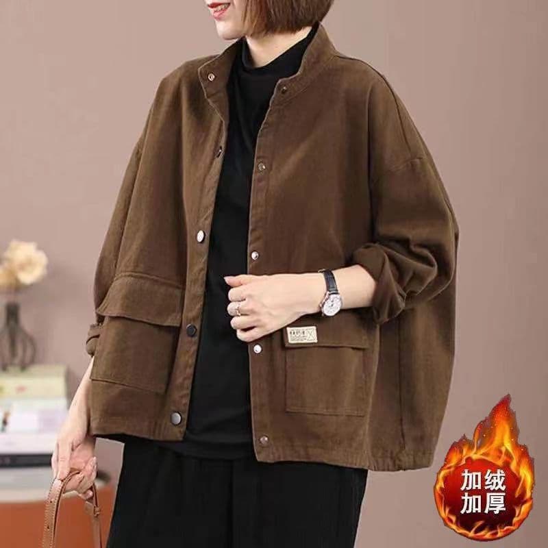 Pure cotton plus velvet thickened work jacket for women autumn and winter large size loose short cardigan casual stand collar jacket baseball uniform