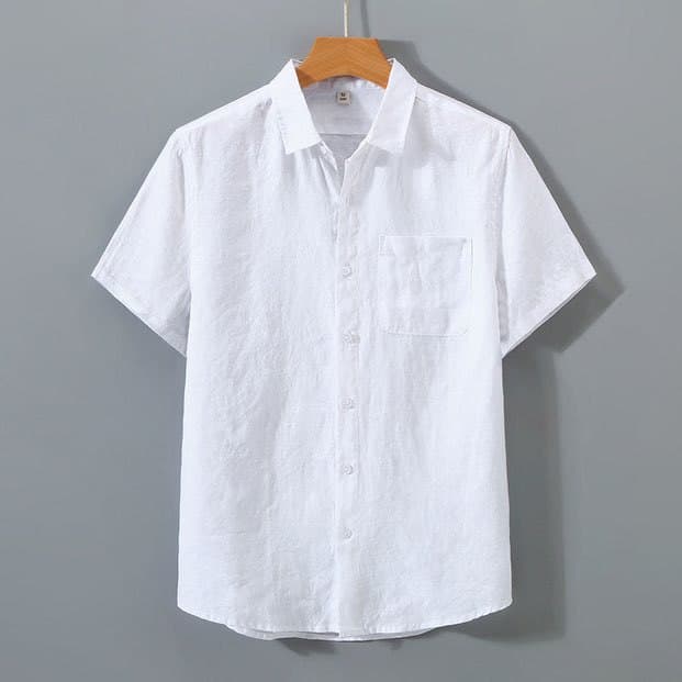 Summer Linen Cotton Shirt Men's Short Sleeve Thin Loose Fit Casual Style Fashion Urban Loose Type Double Collar Short Sleeve Pure Color Thin