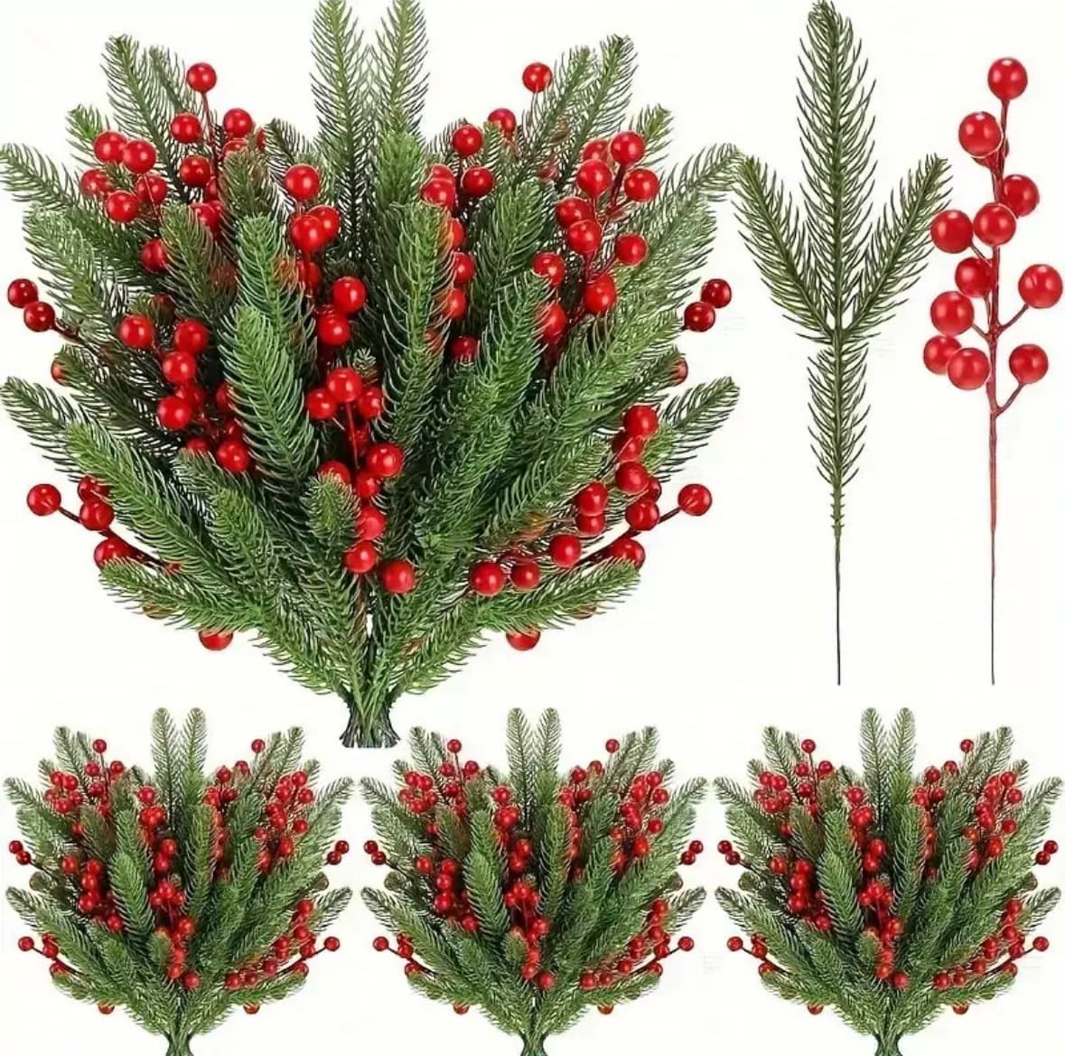 Three-pronged pine needles, red berries, green Christmas artificial pine needles, red berries