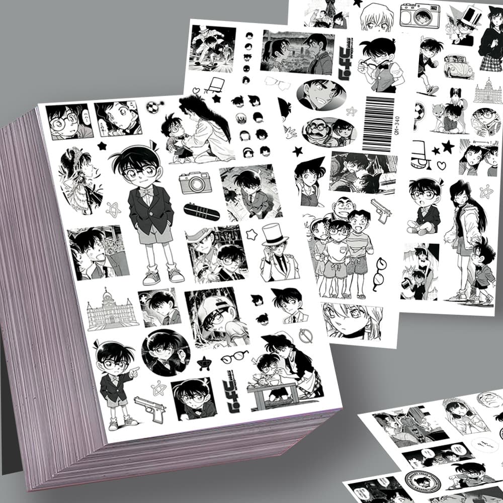 8 Black and White Conan Cut Film Stickers - Shinichi Kudo, Ran Mouri Graffiti Scrapbook Pack, Waterproof Decals