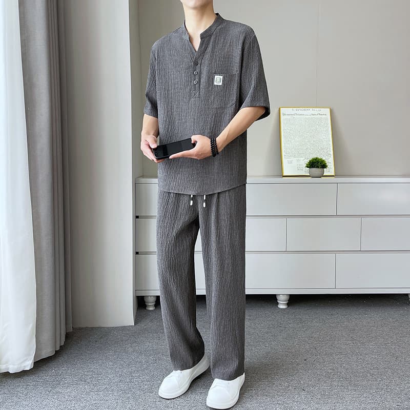 Summer Short-Sleeve Long-Pants Ice-Silk Set Men's Casual Premium Green-Luxury Comfortable V-Neck T-Shirt Two-Piece Set