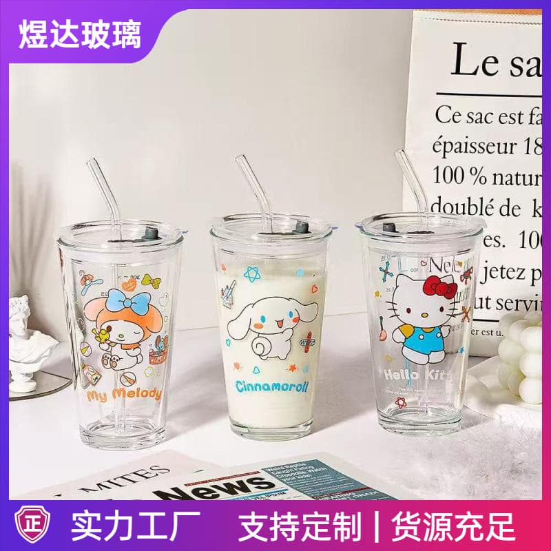 Sanrio Glass Straw Cup Kawaii Graduated Milk Cup Drink Juice Cup with Lid Ins Style Trendy