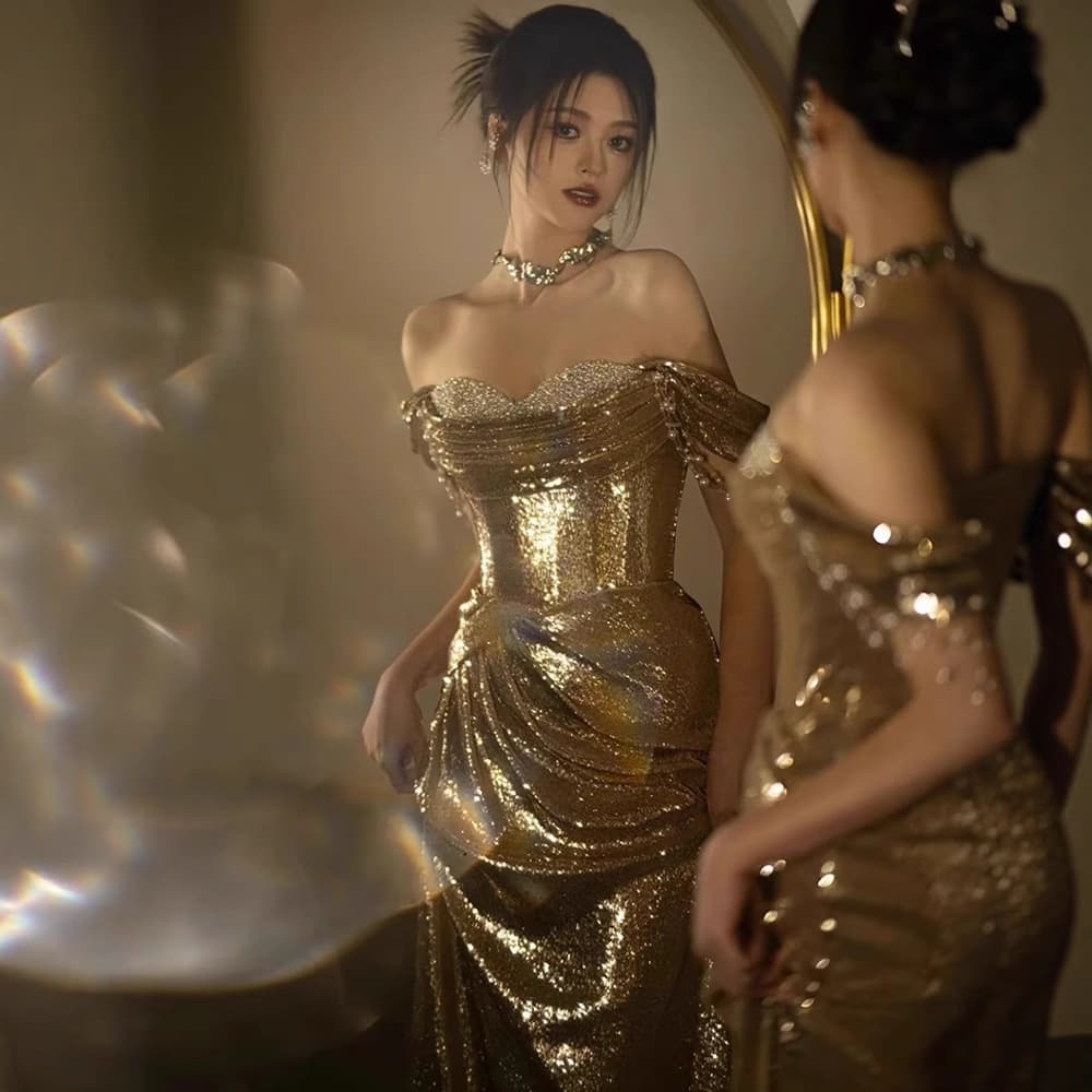 Gold Evening Dress Women High-End Sequins One-Shoulder Strapless Toast Dress Bride Mermaid Skirt Small Train