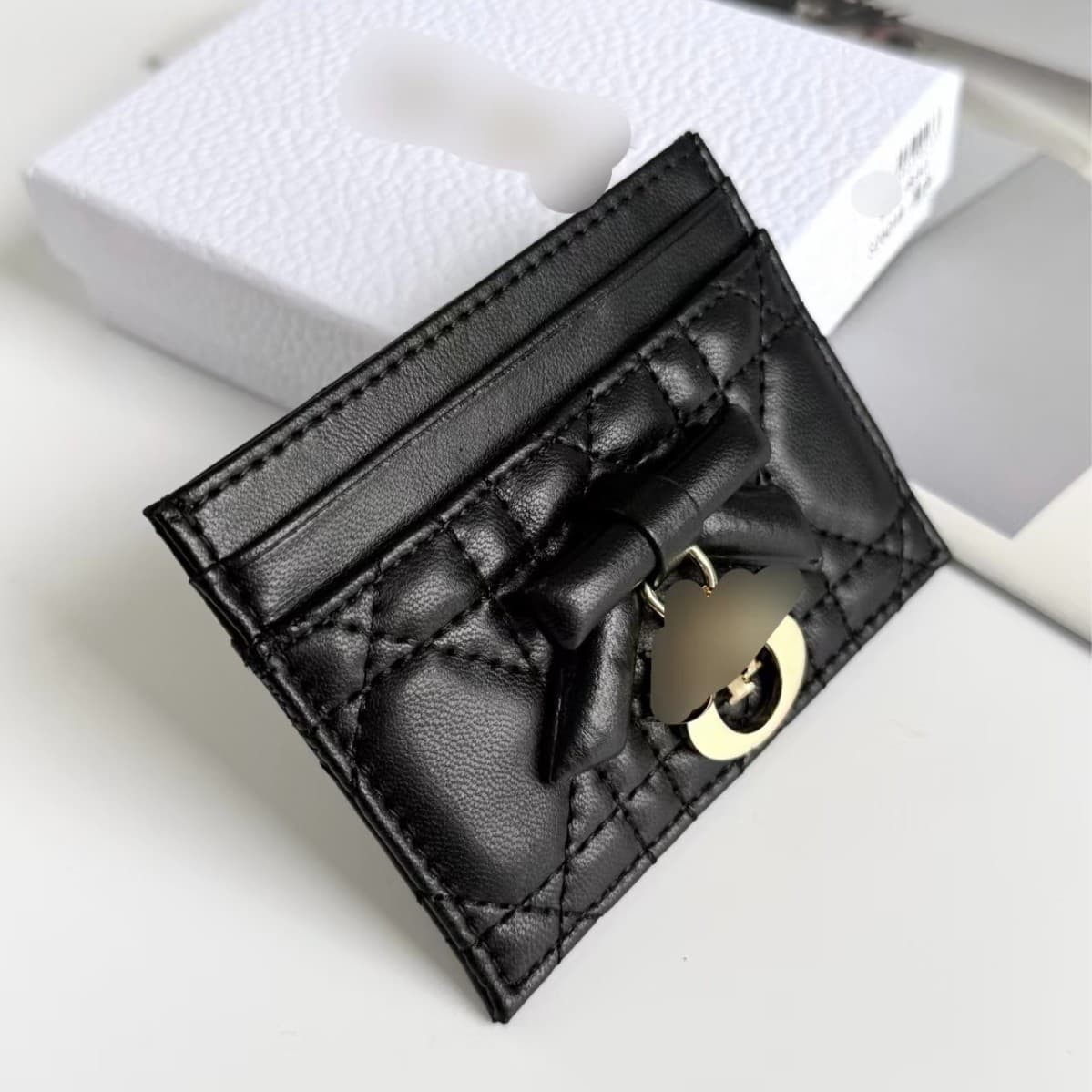 Chanel-style Diamond Quilted Card Holder for Women, Genuine Leather Coin Purse, Fashionable Bow Design, Premium ID Card Wallet