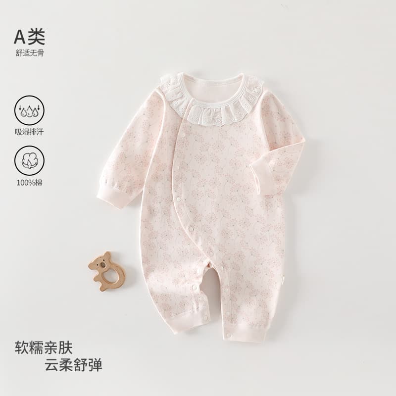 Baby Spring and Autumn Pure Cotton Harness Long Sleeve Newborn Lace Collar Boneless Jumpsuit Baby Korean Version Sweet Climbing